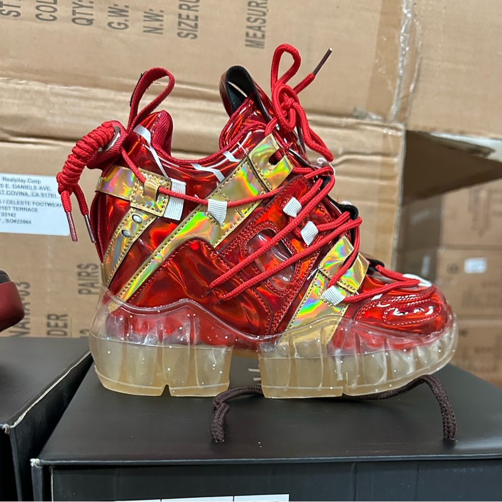 Women's Red Metallic Platform Sneakers with Gold Accents - Picture 6 of 6